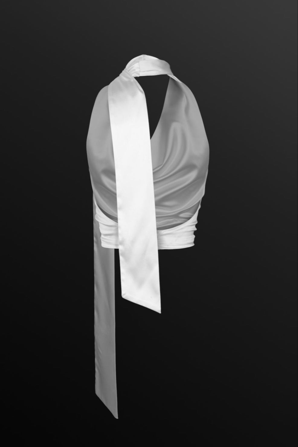 White satin cowl neck halter top with draped neckline