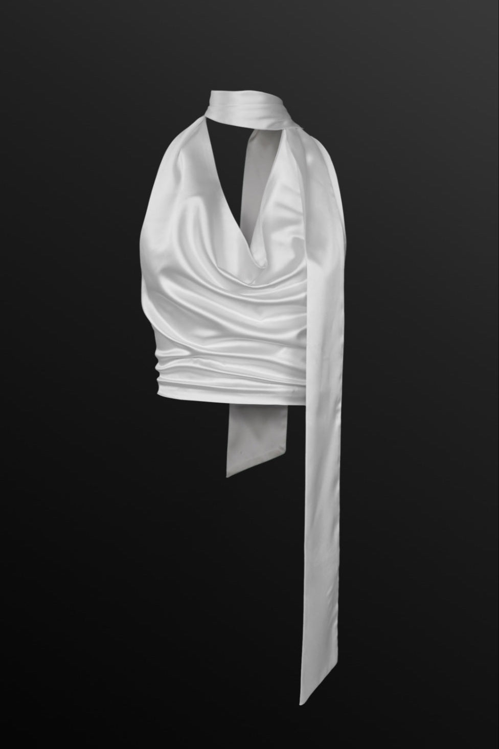 White satin cowl neck halter top with draped neckline