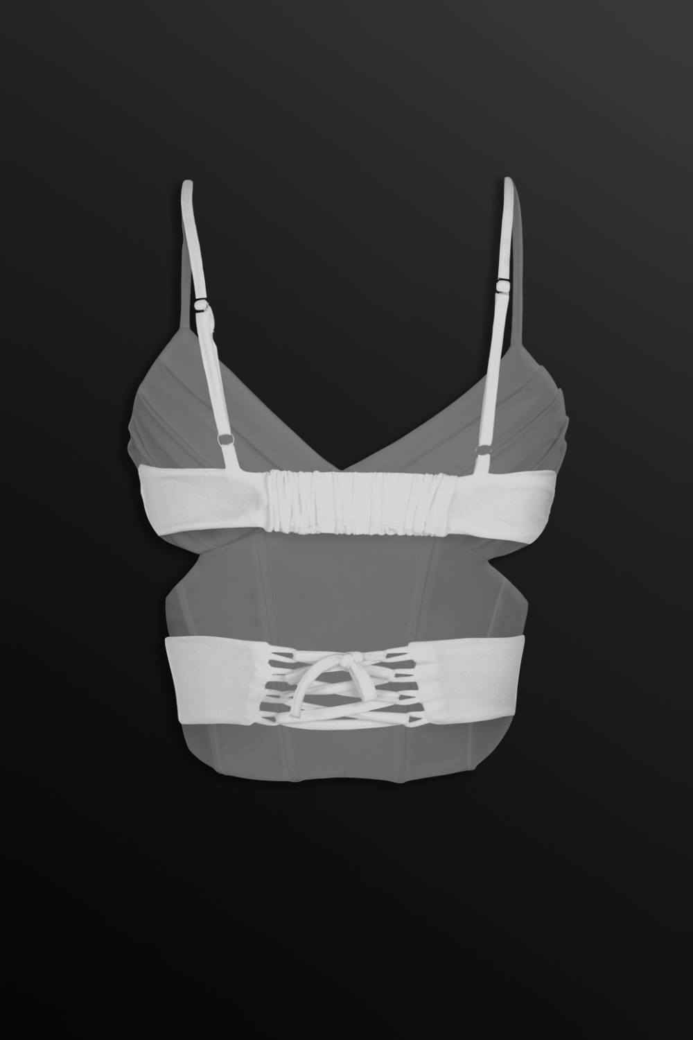 The white Selene corset by Beeglee – elegant ruched bust and structured fit for a flattering silhouette.