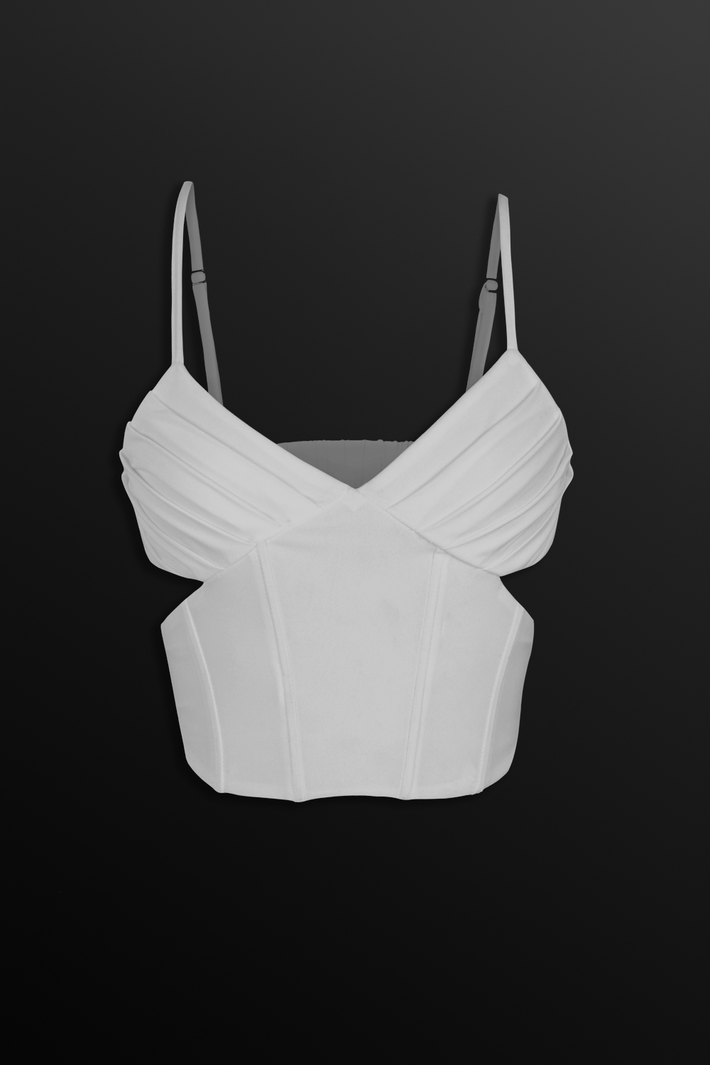 The white Selene corset by Beeglee – elegant ruched bust and structured fit for a flattering silhouette.