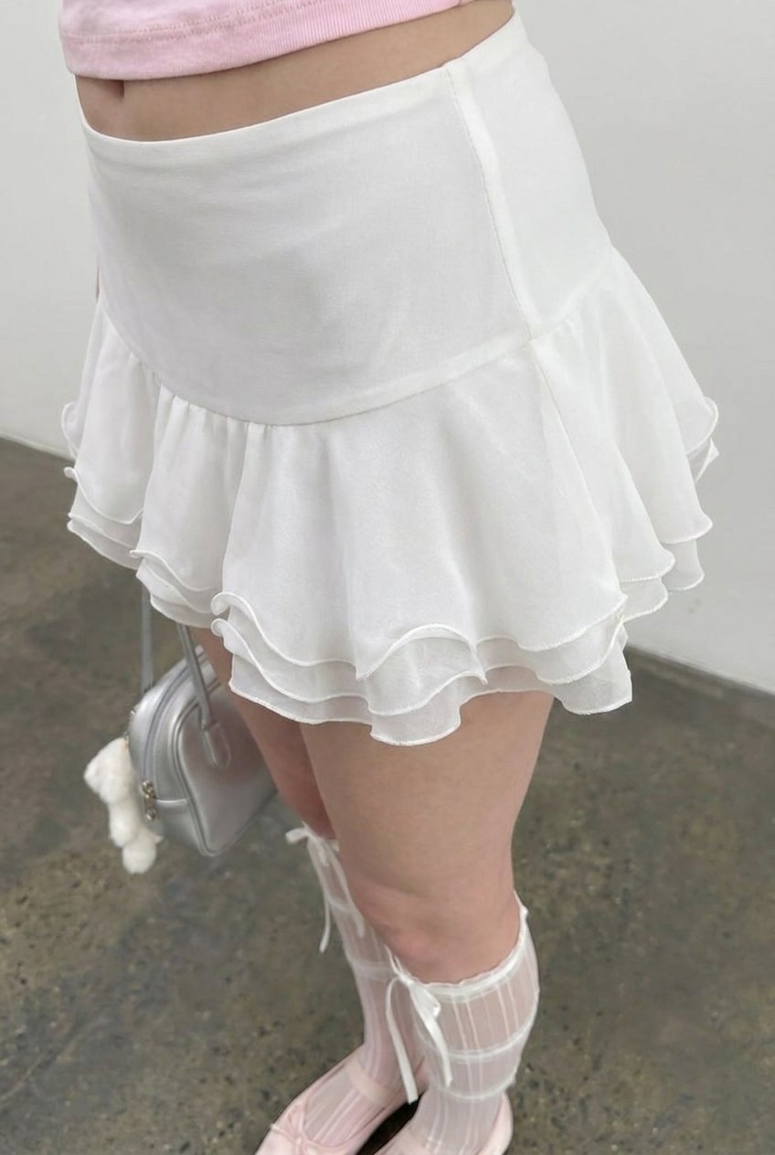 White Tiered Frill Skort - angled view of wired frill hems