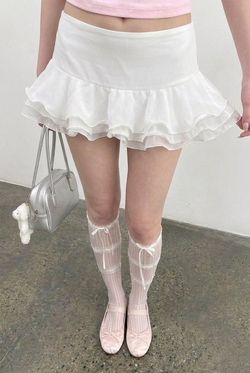 White Tiered Frill Skort - front close-up of tiered frills