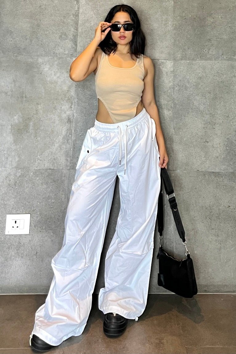 White Flared Parachute Pants - BEEGLEE