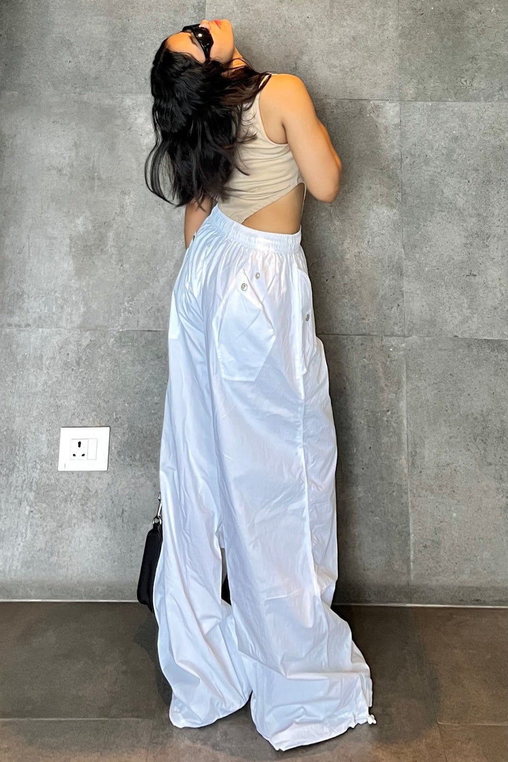 White Flared Parachute Pants - BEEGLEE