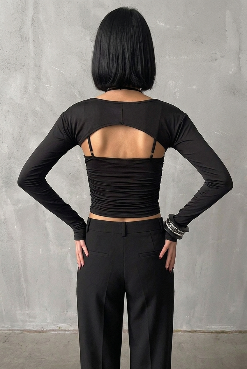 Black Bolero Strap Top — back view showing open-back cutout and adjustable straps