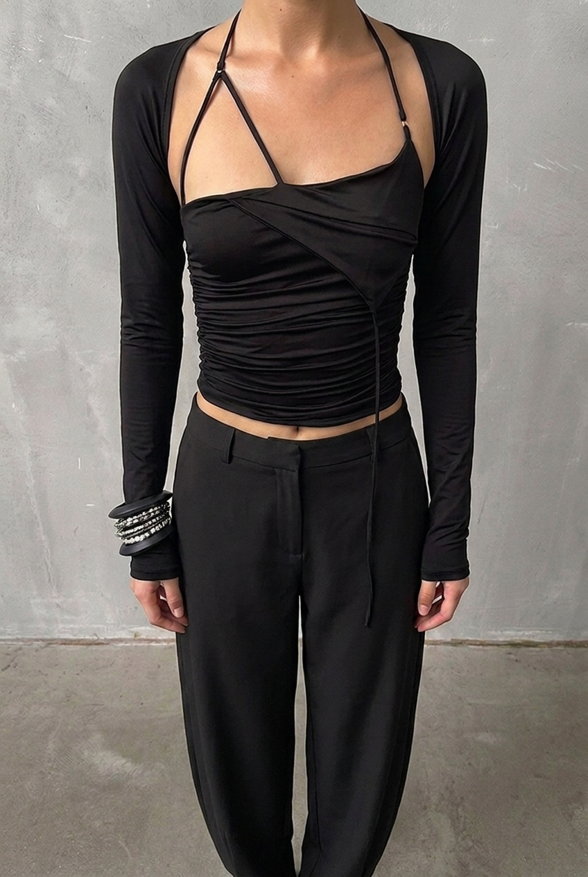 Black Bolero Strap Top — front view, bolero shrug over ruched bandeau with strappy halter neckline
