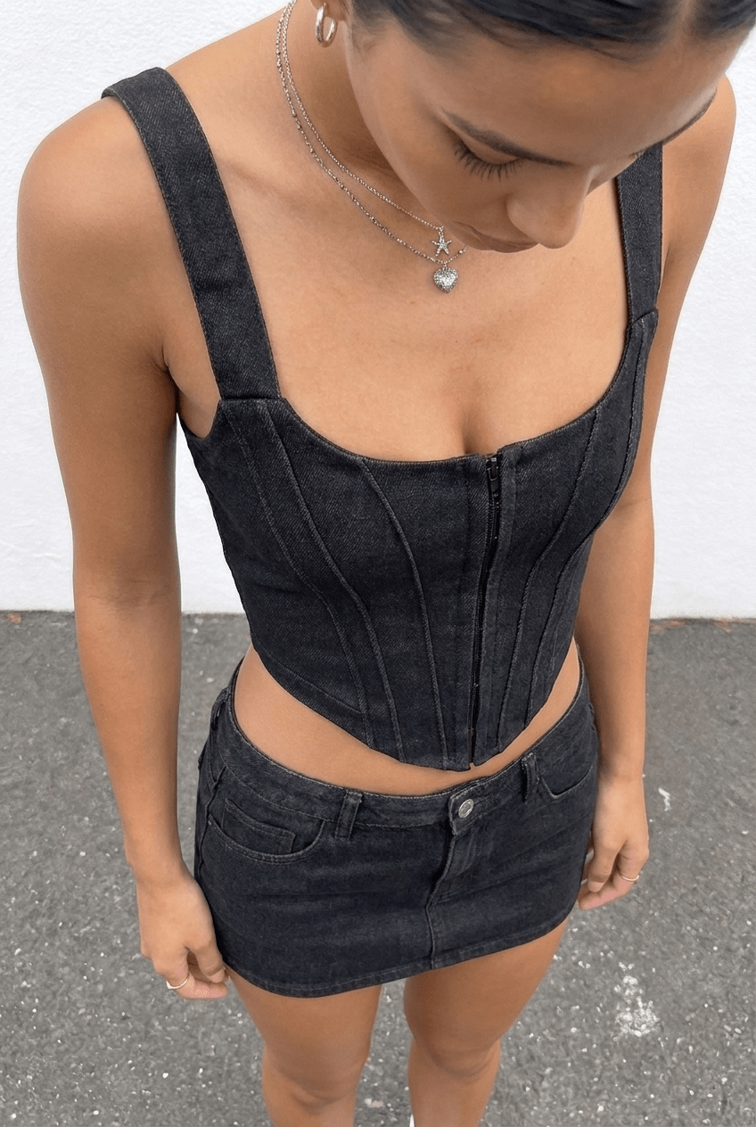 Black Corset Denim Top - BEEGLEE