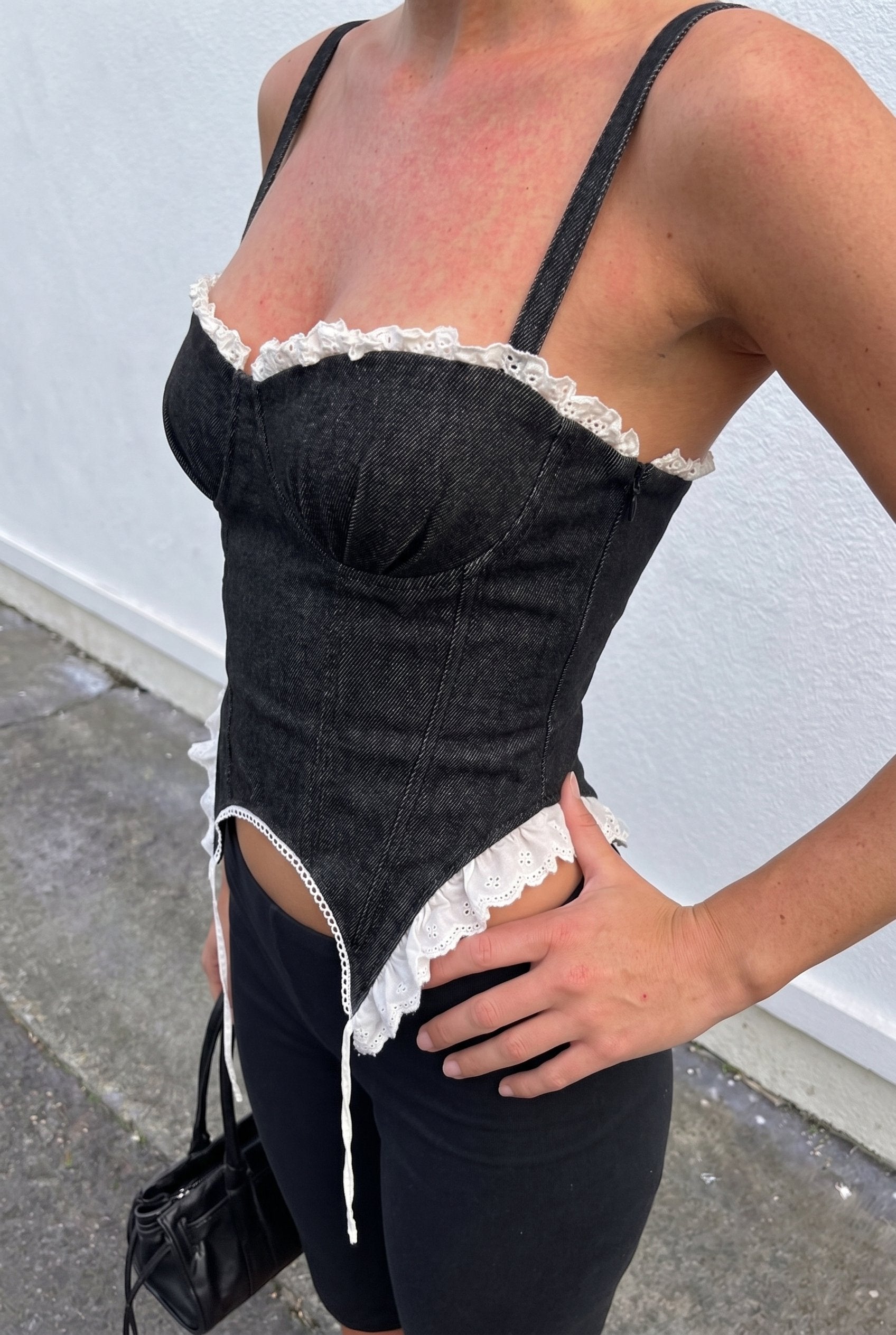 Black Crush Denim Corset — side view