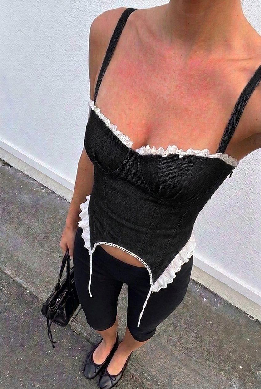 Black Crush Denim Corset — top-down view