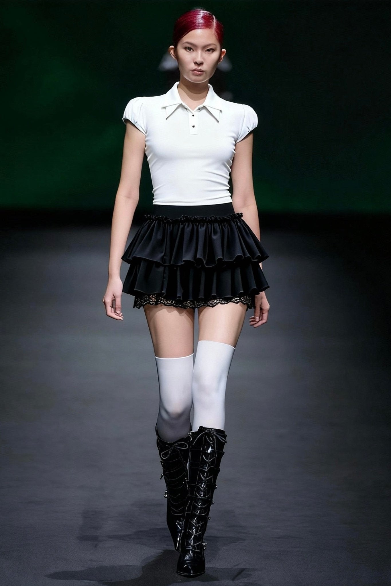 Black Double ruffle skirt with lace hem