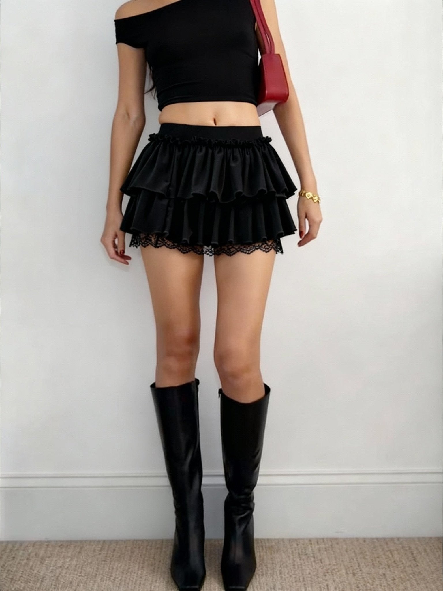 Black Double ruffle skirt with lace hem