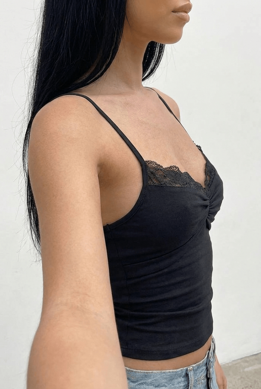 Black Gather Bust Lace Top - BEEGLEE