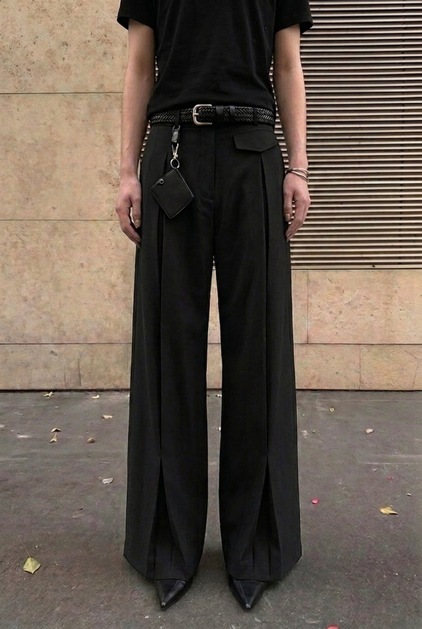 Black Myself Pants — wide-leg pleated tailored trousers, front