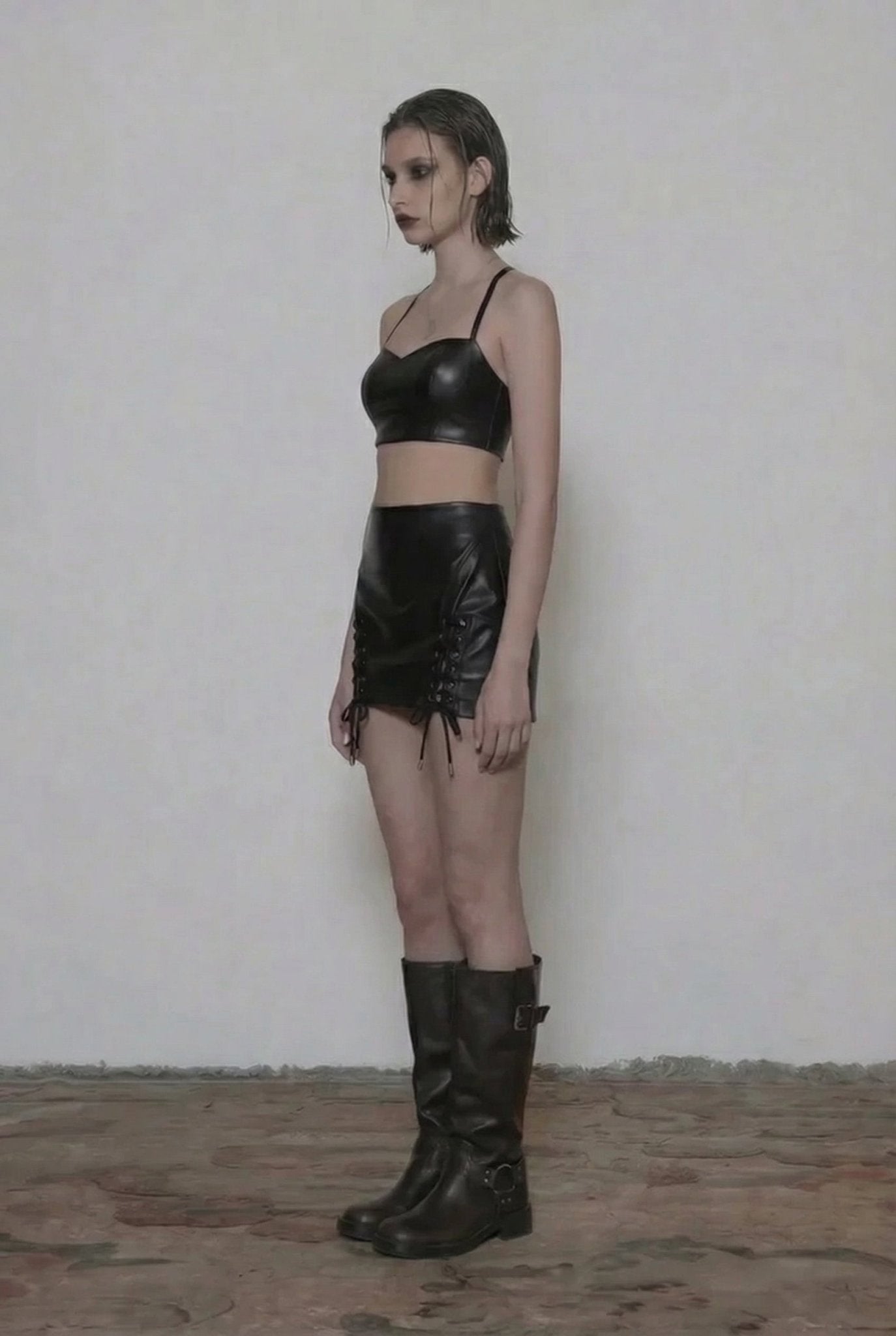 Black Razor Lace Leather Skirt - BEEGLEE