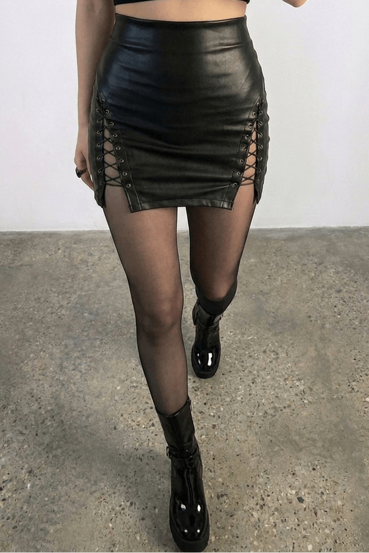 Black Razor Lace Leather Skirt - BEEGLEE