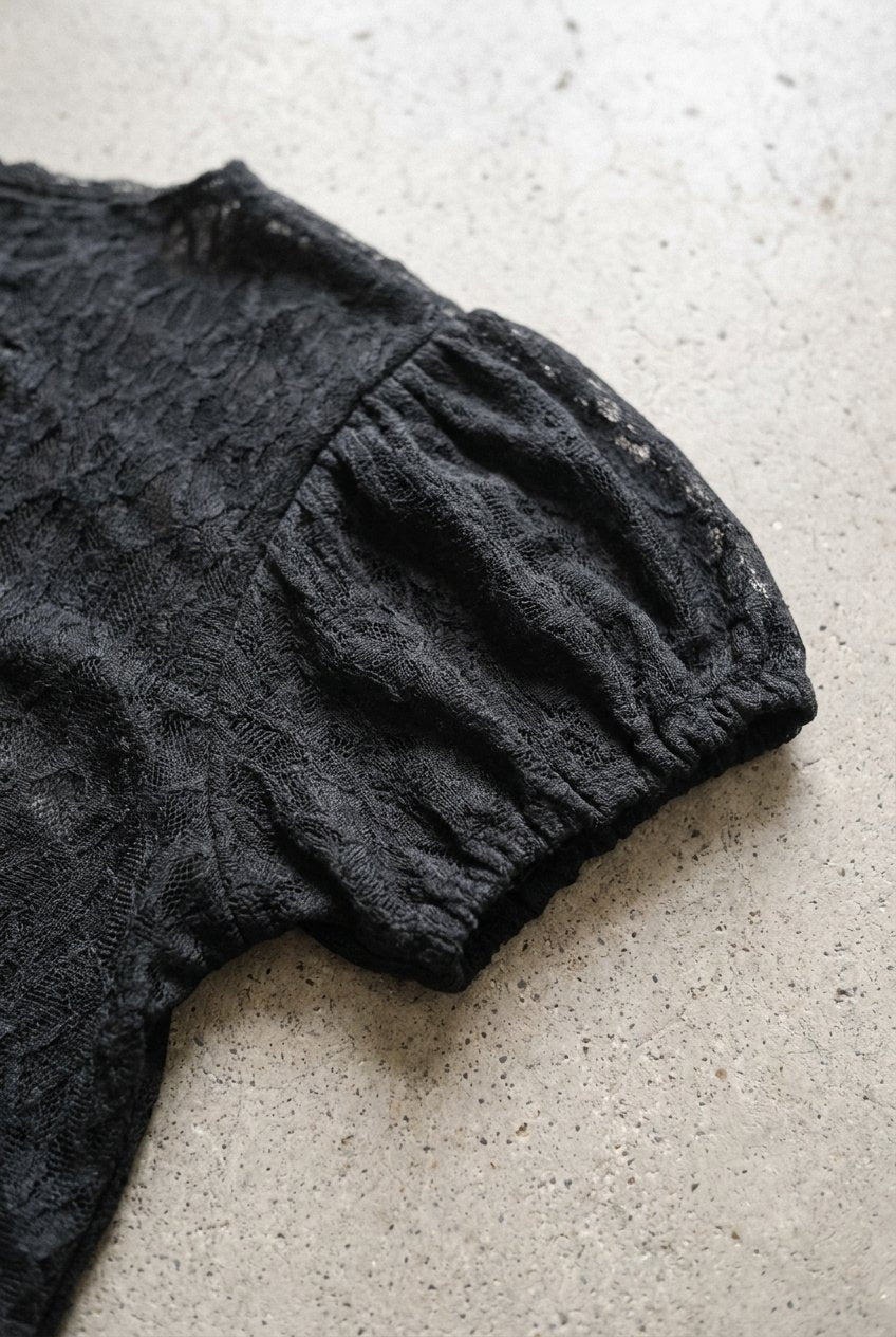 Black Ribbon Keyhole Lace Top — puff sleeve lace detail