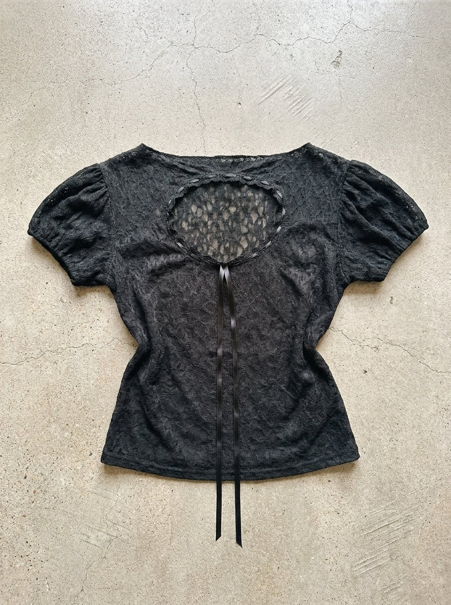 Black Ribbon Keyhole Lace Top — flatlay