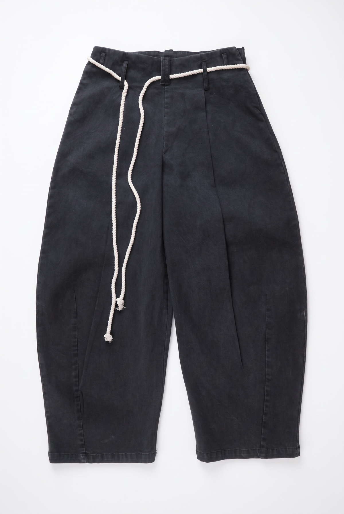 Black Rope Barrel Pants flatlay with front pleats and rope belt