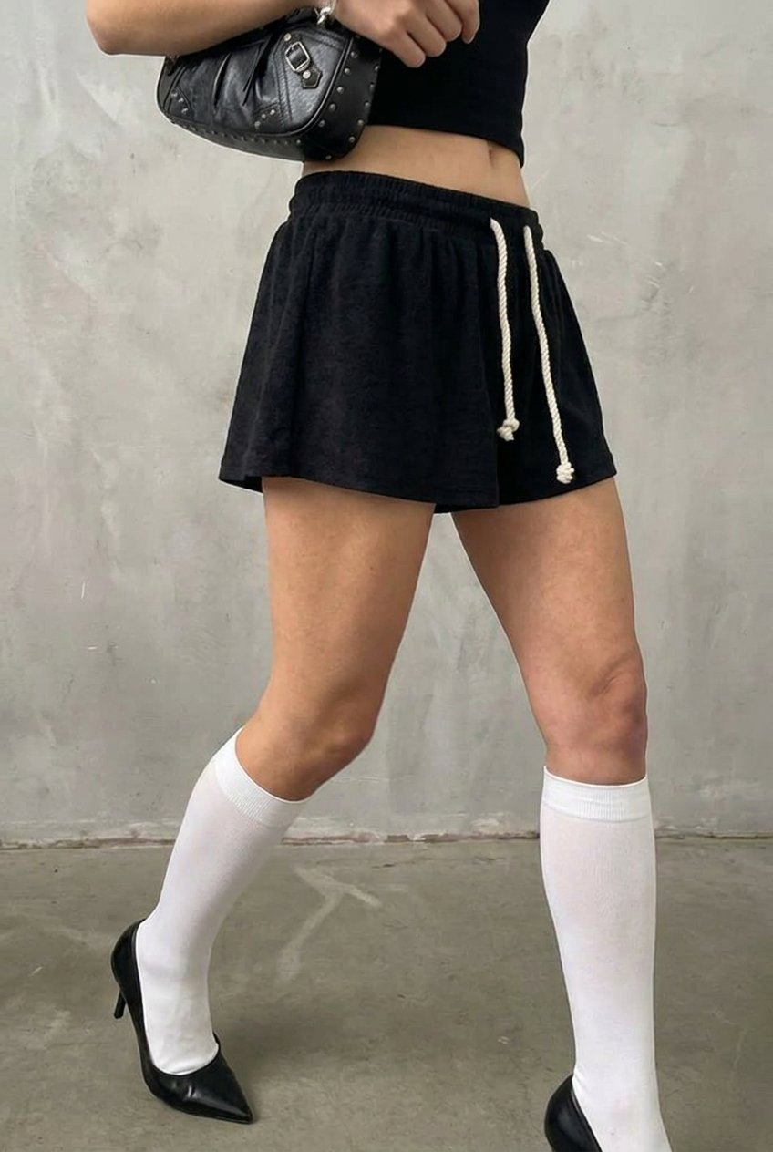 Black Rope Drawstring Skort - side view walking