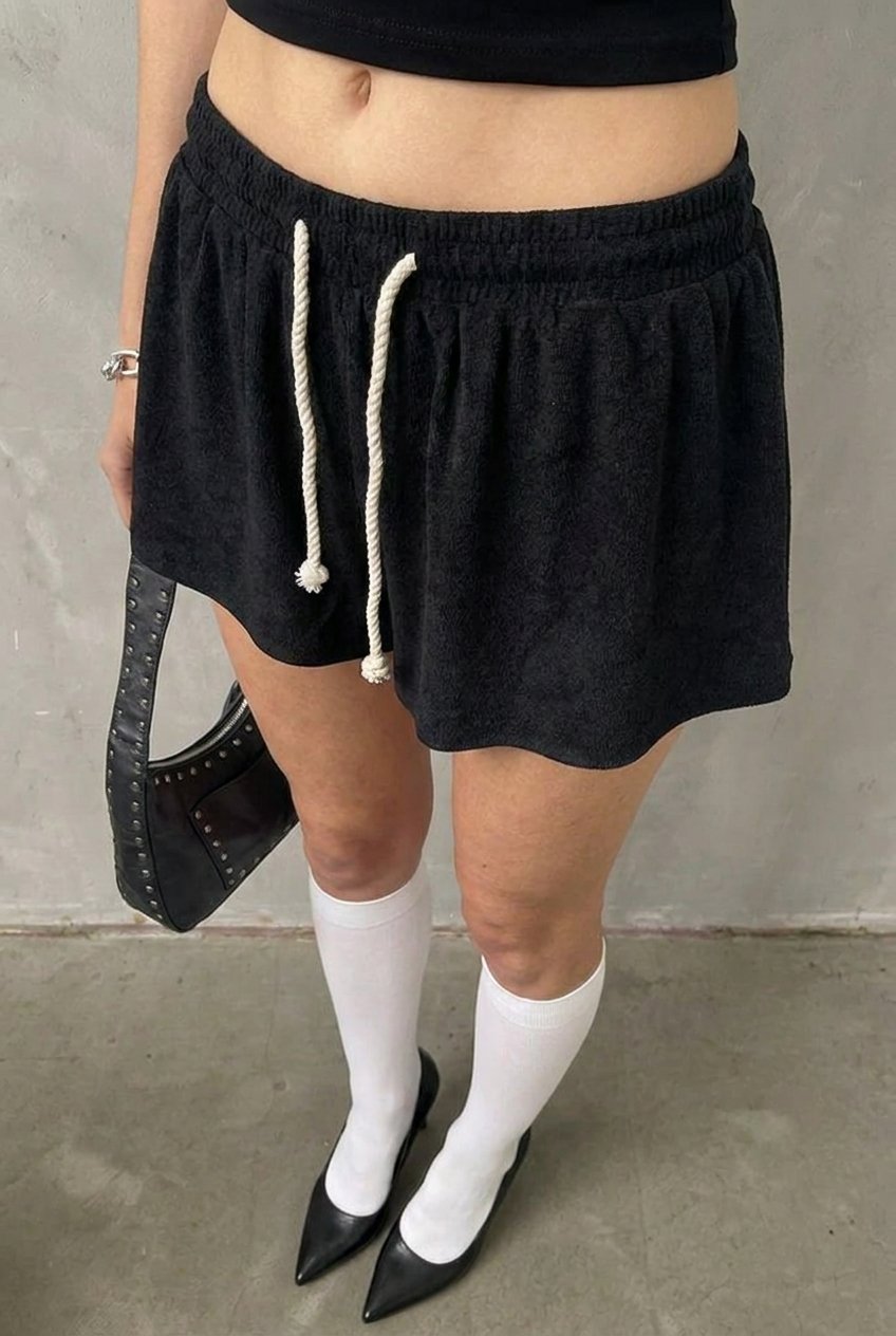 Black Rope Drawstring Skort - front close-up of rope drawstring