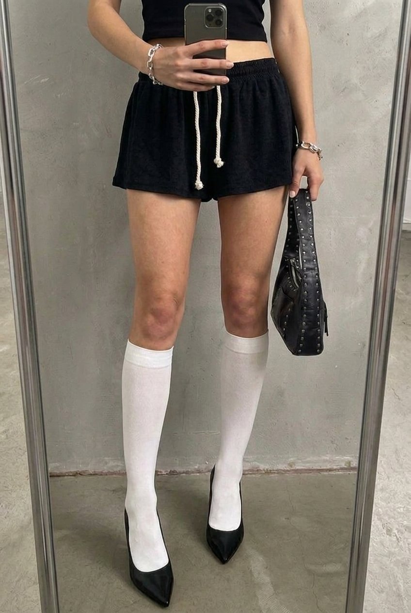 Black Rope Drawstring Skort - full length mirror view