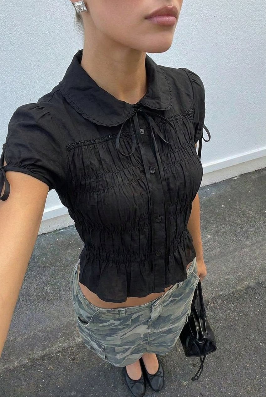 Black Shirred Lace Blouse - BEEGLEE