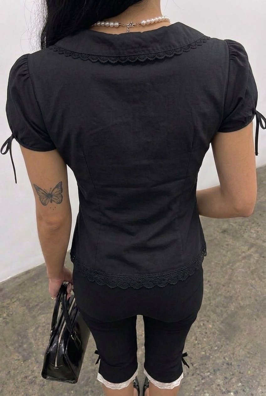 Black Shirred Lace Blouse - back with lace-trimmed collar and hem