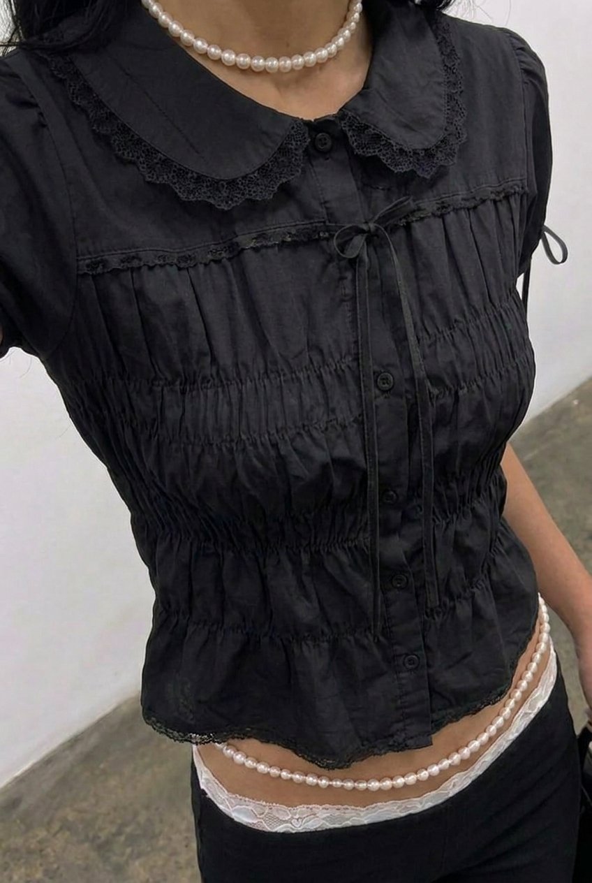Black Shirred Lace Blouse - front close-up of shirring and lace collar
