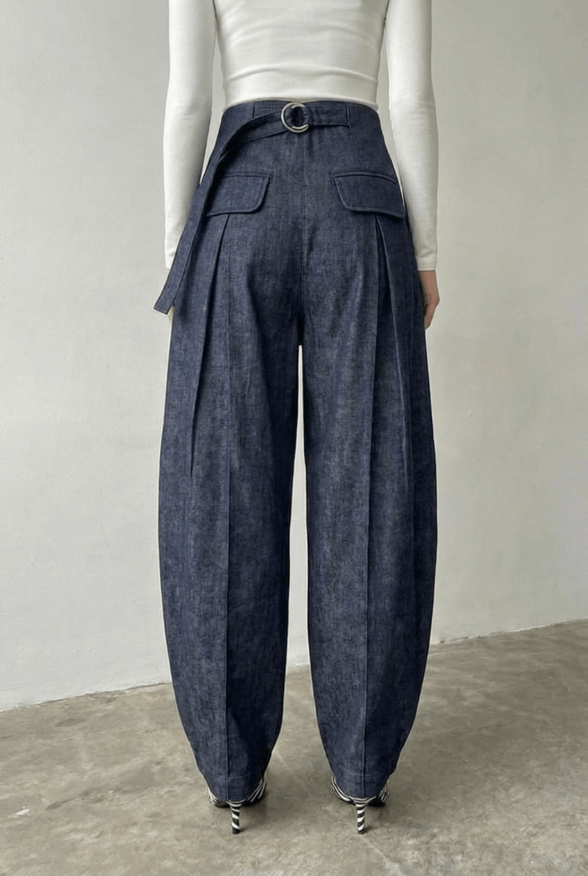 Blue Pleated Denim Pants - BEEGLEE