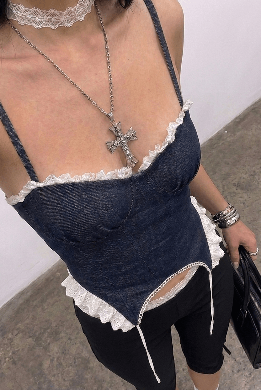 Blue Ruched Denim Corset - BEEGLEE