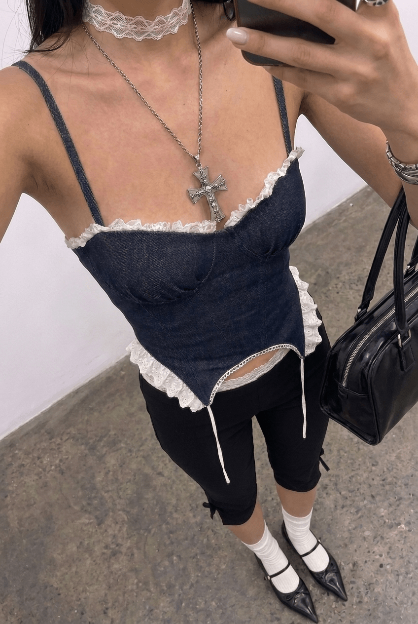 Blue Ruched Denim Corset - BEEGLEE