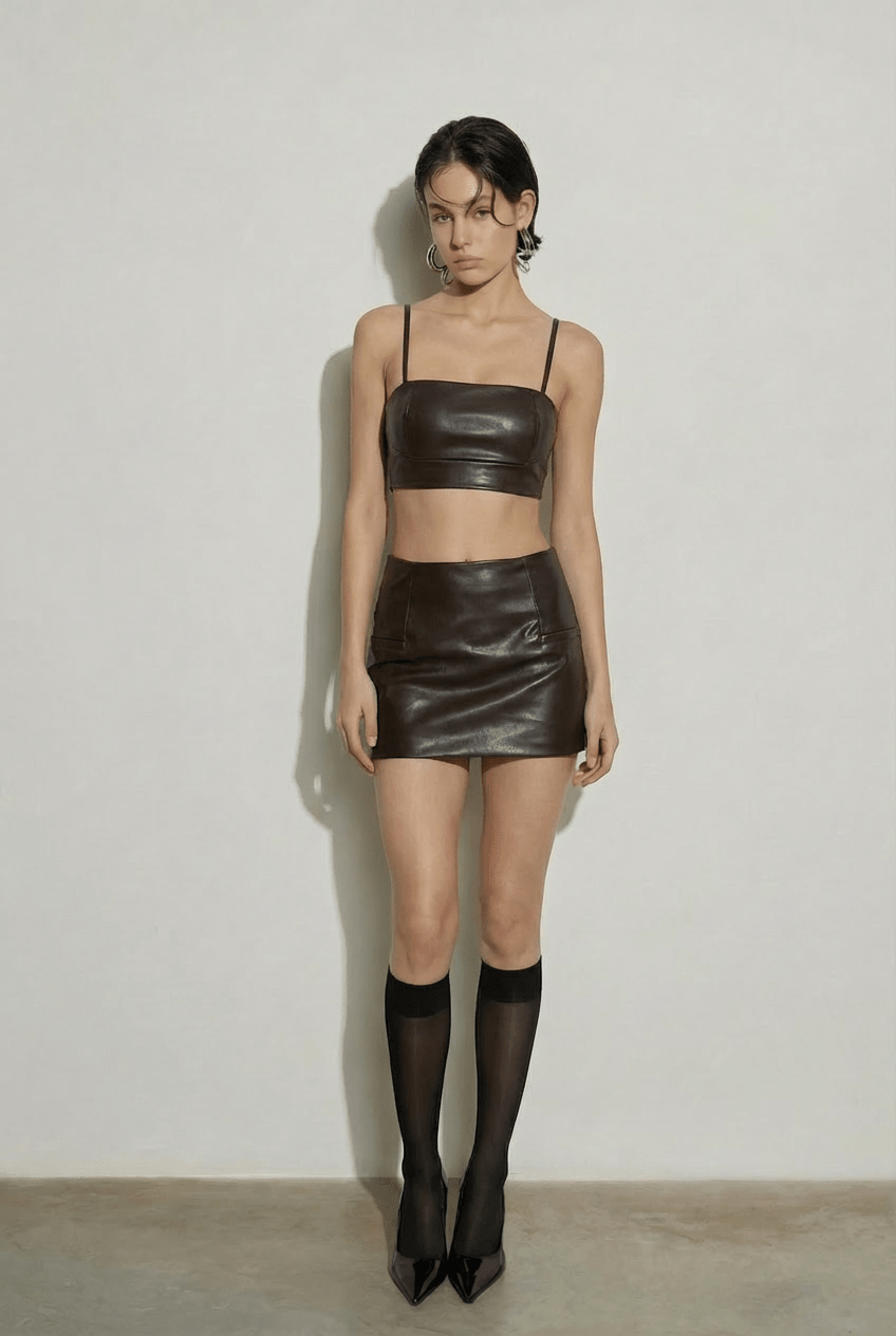 Brown Mini Leather Skirt - BEEGLEE