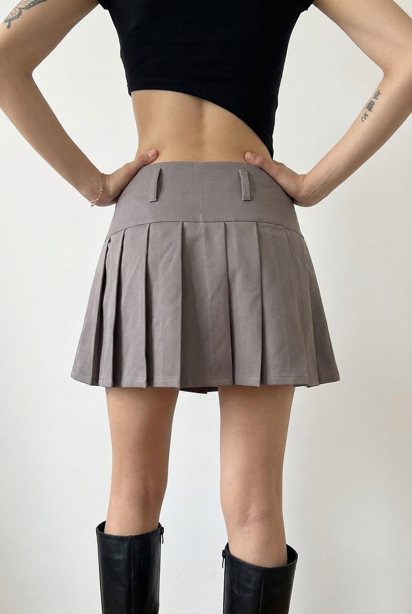 Cool Grey Pleated Tennis Skort - back view on model