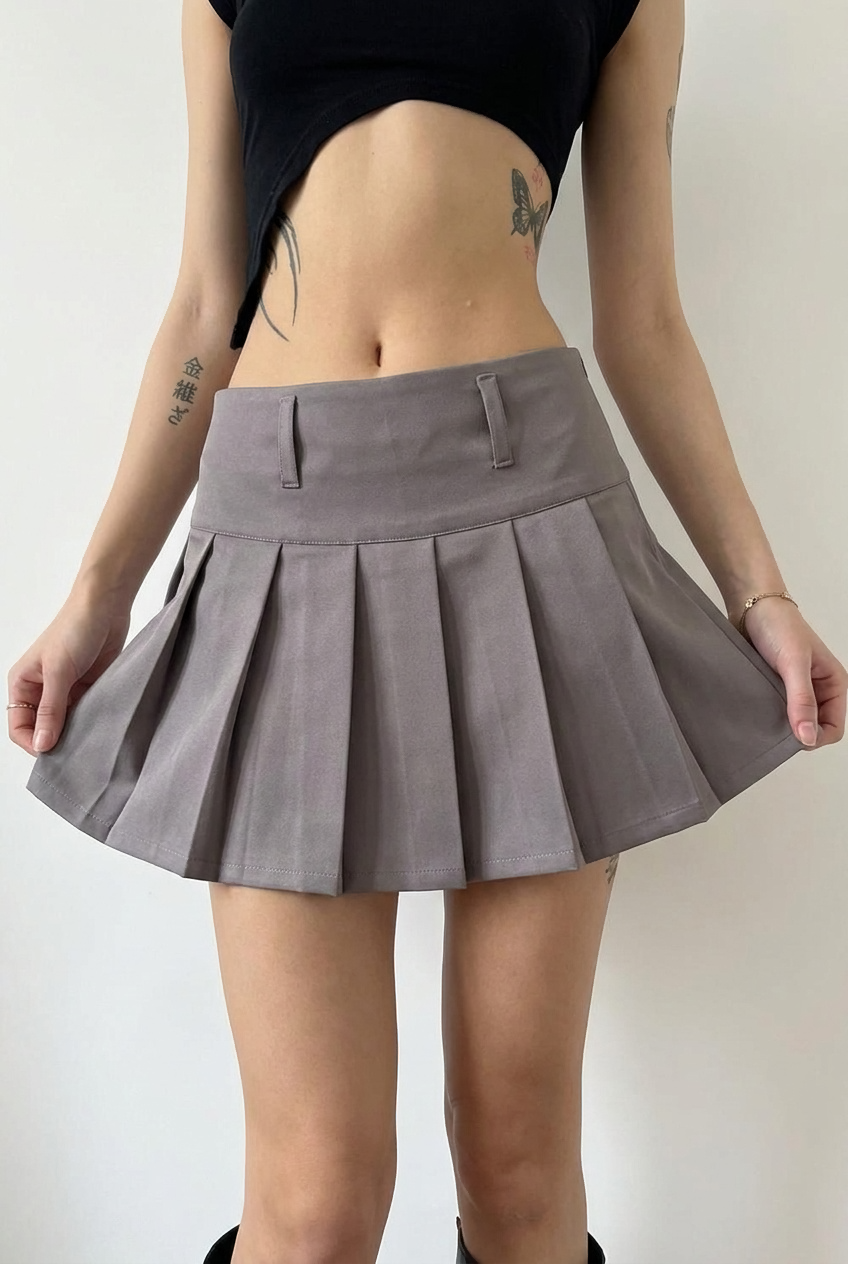 Cool Grey Pleated Tennis Skort - front view on model