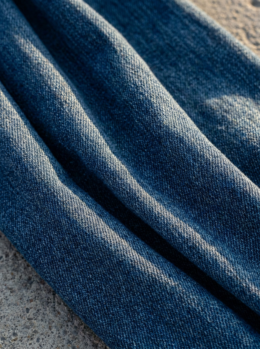 Close-up of denim fabric in a soft fold on grey cement