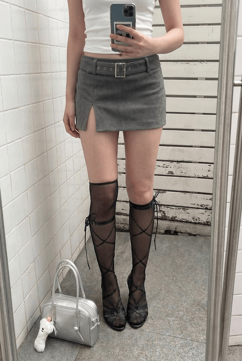 Grey Blush Belted Skirt - BEEGLEE