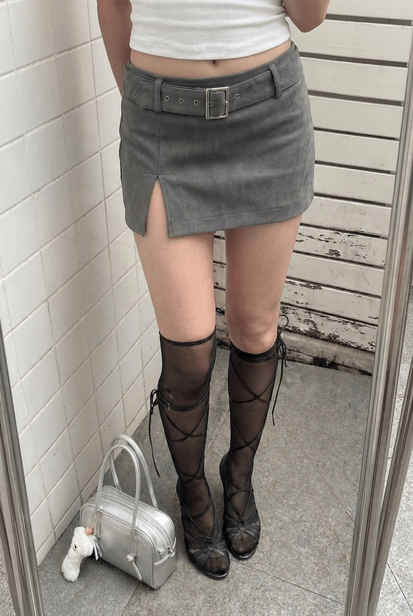Grey Blush Belted Skirt - BEEGLEE