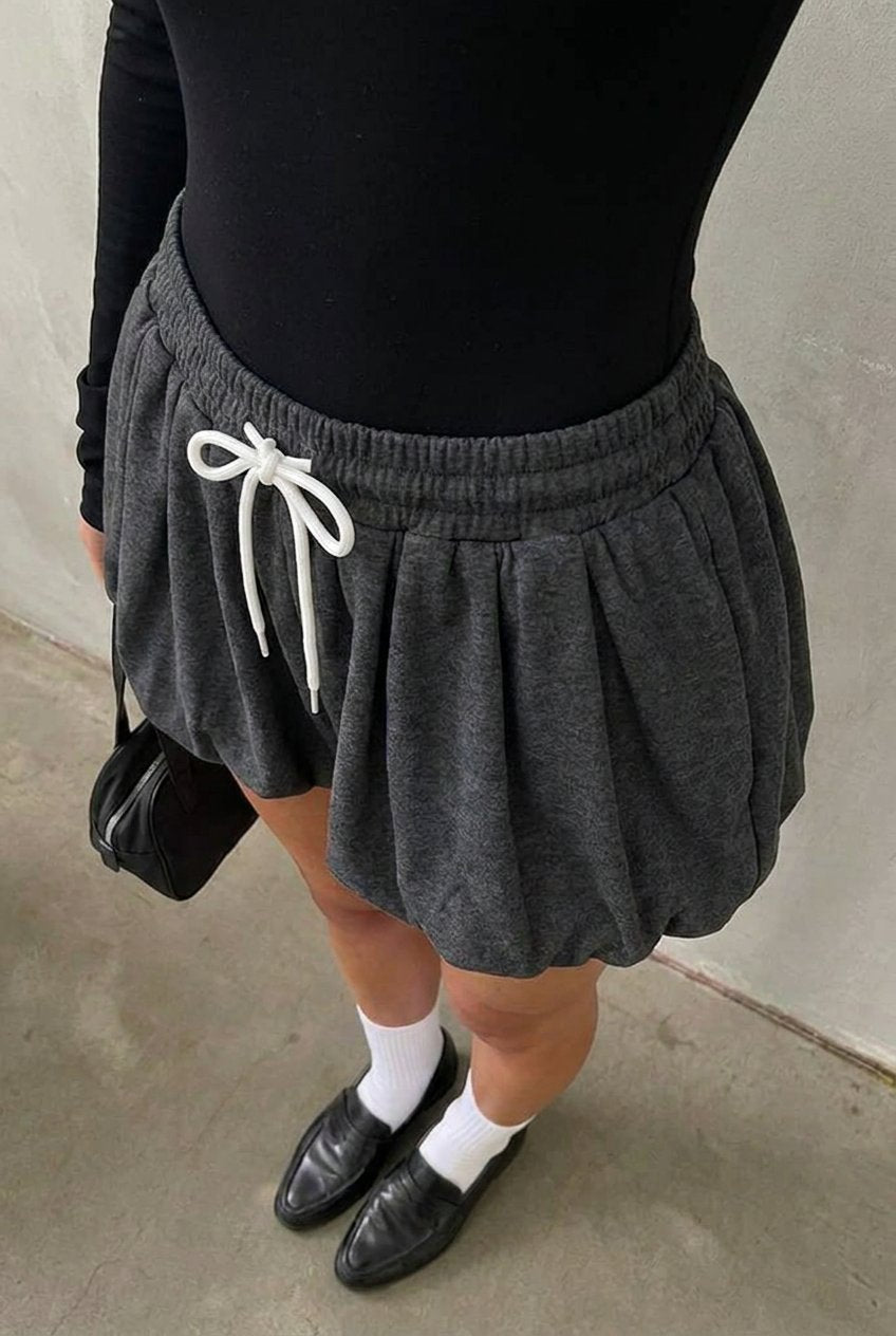 Grey Bubble Skort - angled view of bubble hem and drawstring