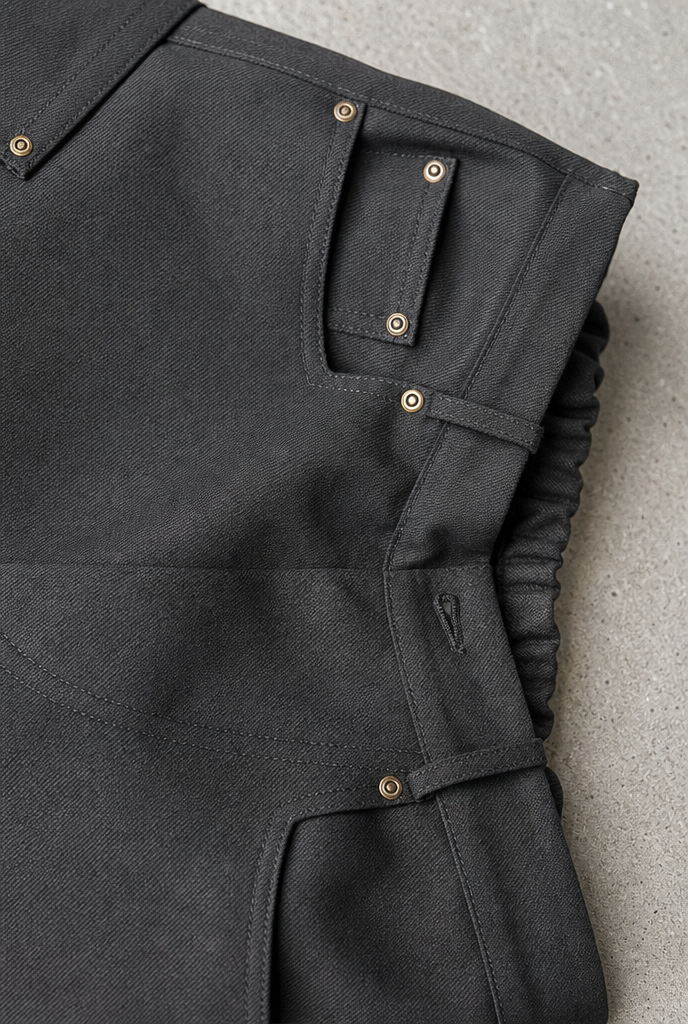 Grey carpenter pants side cinch tab and antique-brass rivet detail
