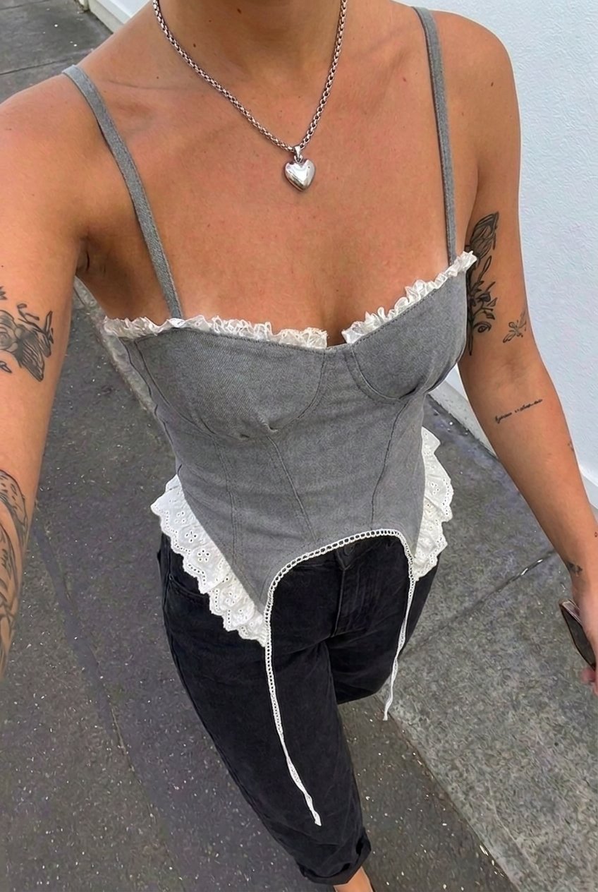Grey Crush Denim Corset — top-down view