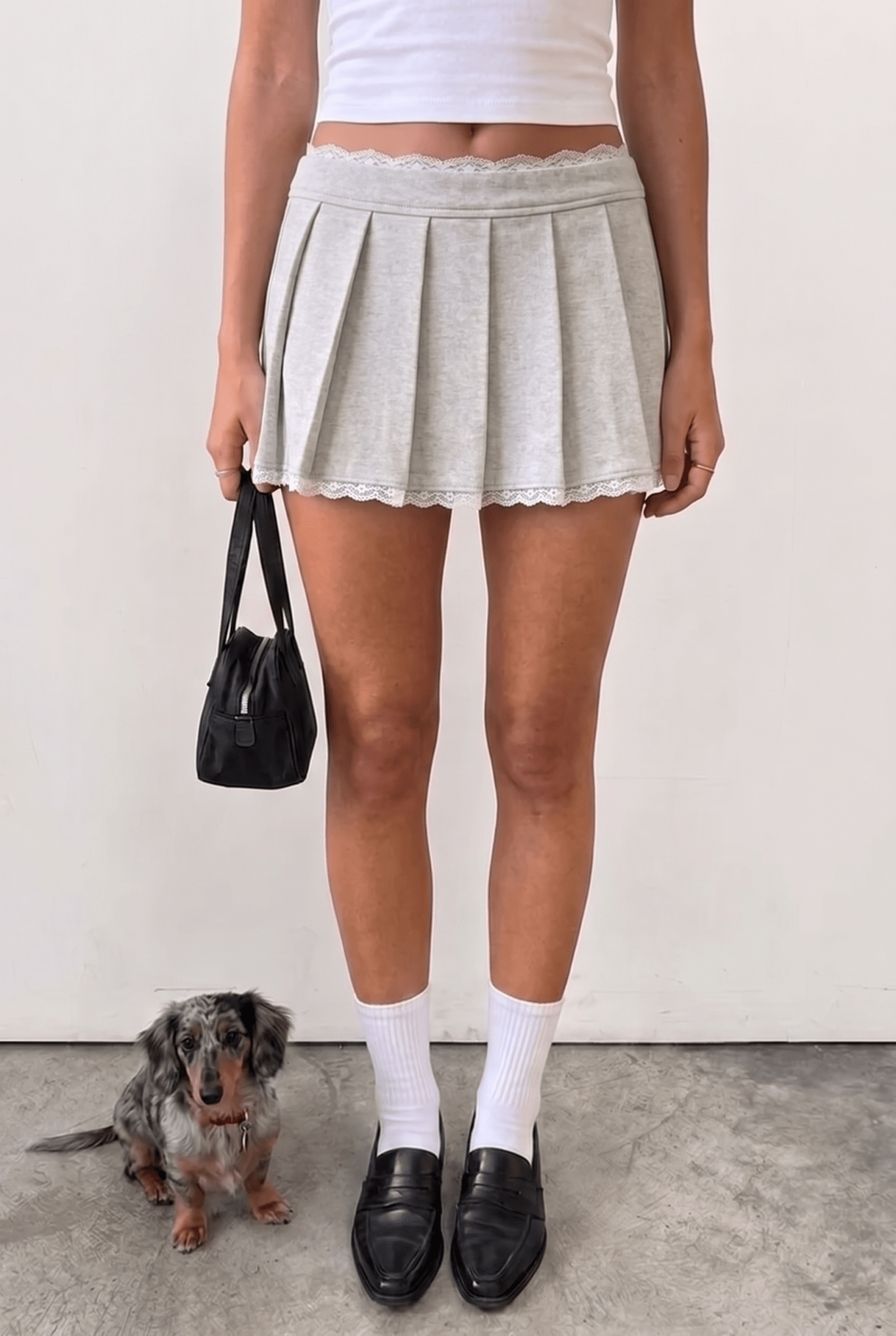 Grey Lace-Trim Pleated Skort - BEEGLEE