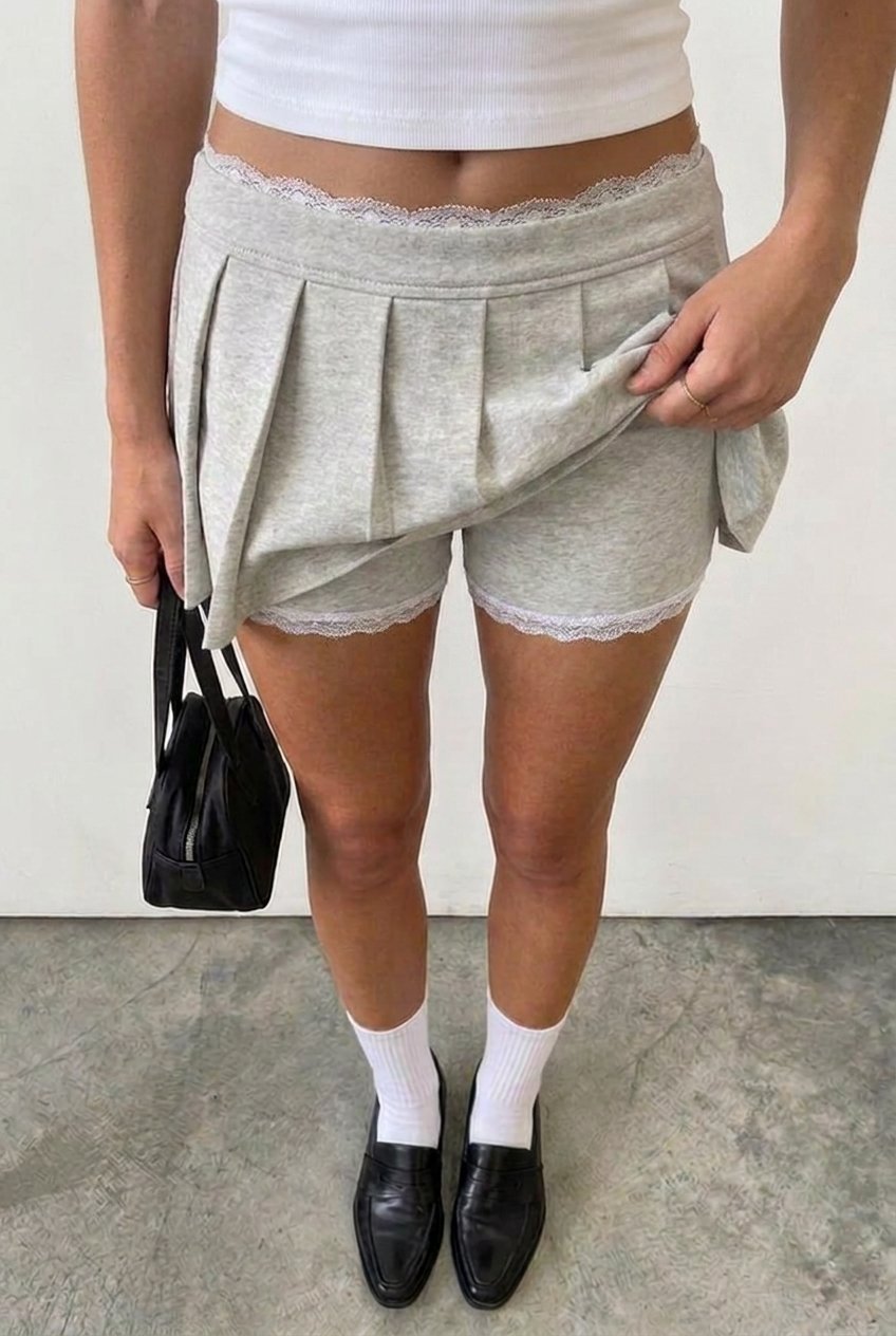 Grey Lace - Trim Pleated Skort - BEEGLEE