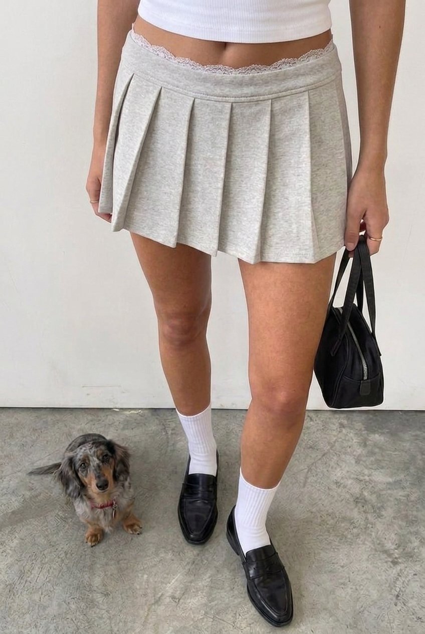 Grey Lace - Trim Pleated Skort - BEEGLEE