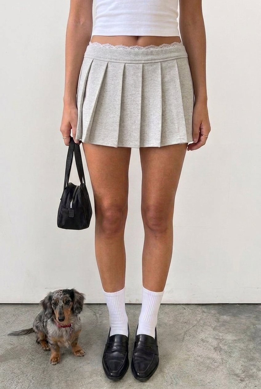 Grey Lace - Trim Pleated Skort - BEEGLEE