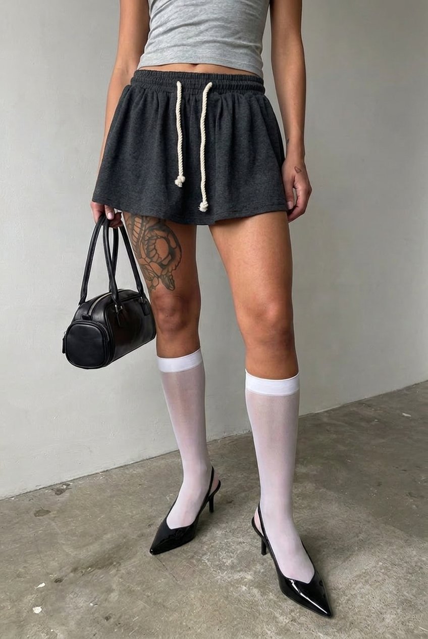 Grey Rope Drawstring Skort - front view full length