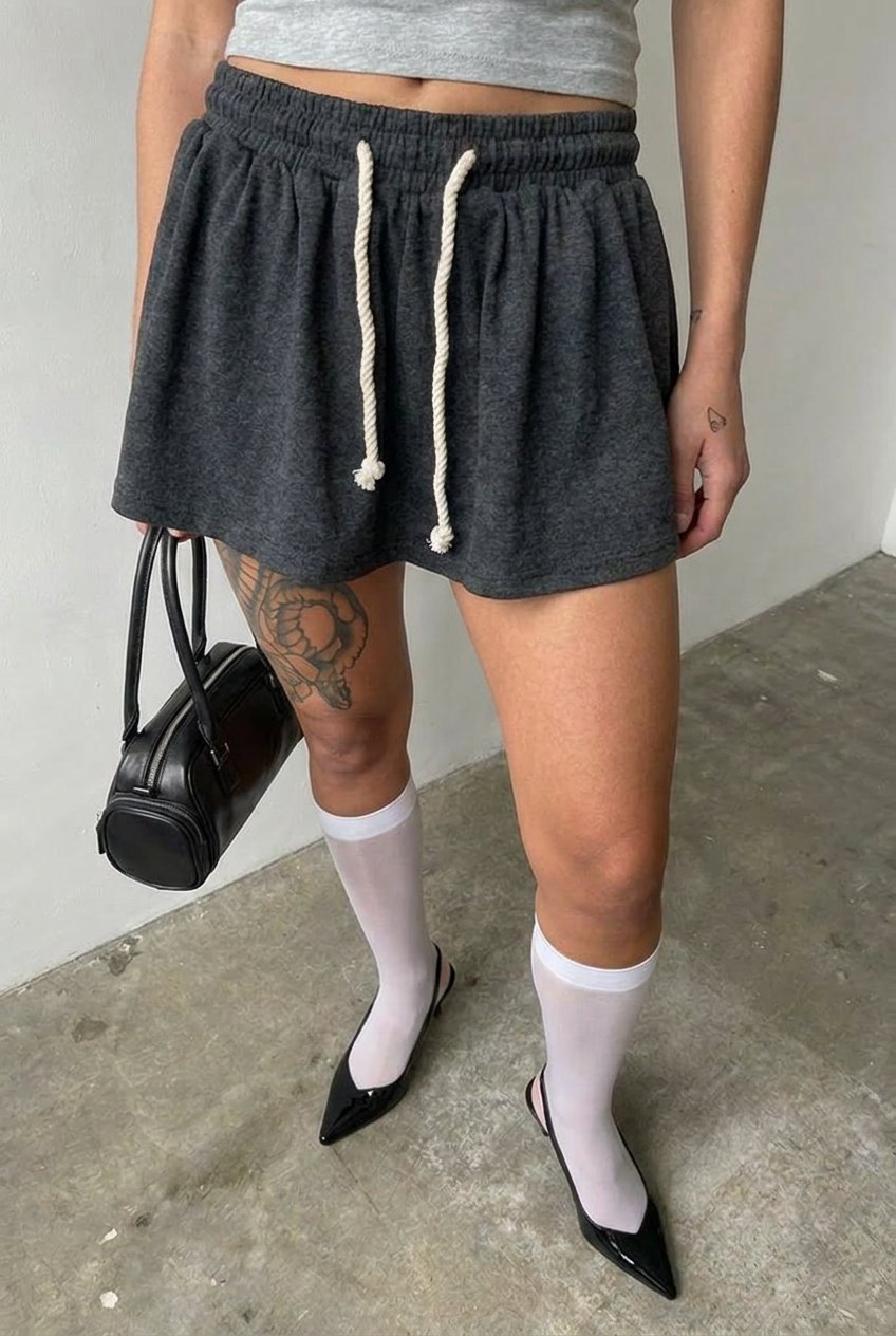 Grey Rope Drawstring Skort - front close-up of rope drawstring