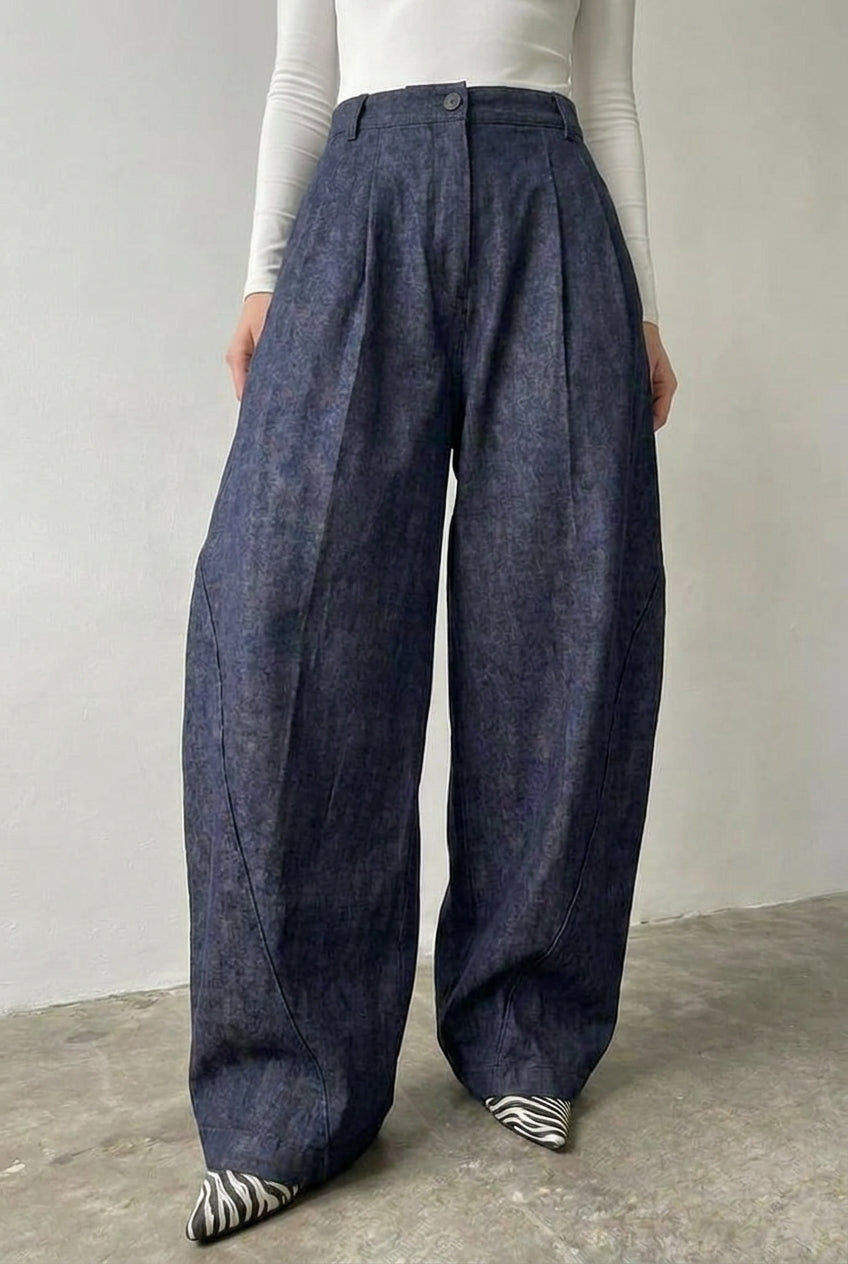 Blue Pleated Denim Pants