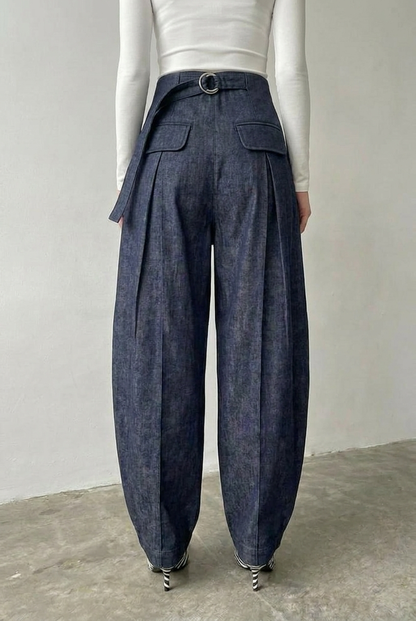 Blue Pleated Denim Pants