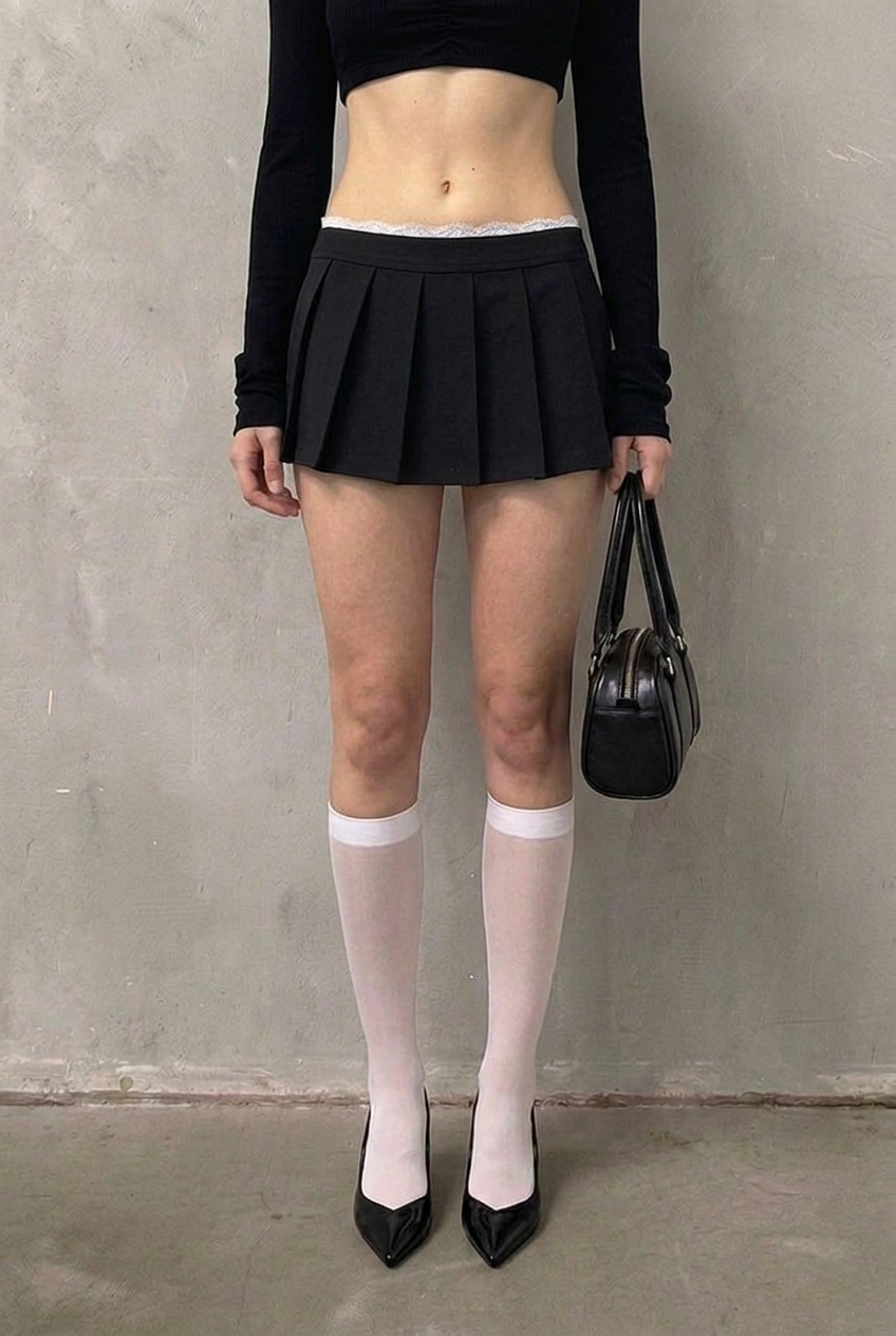 Black Lace-Trim Pleated Skort