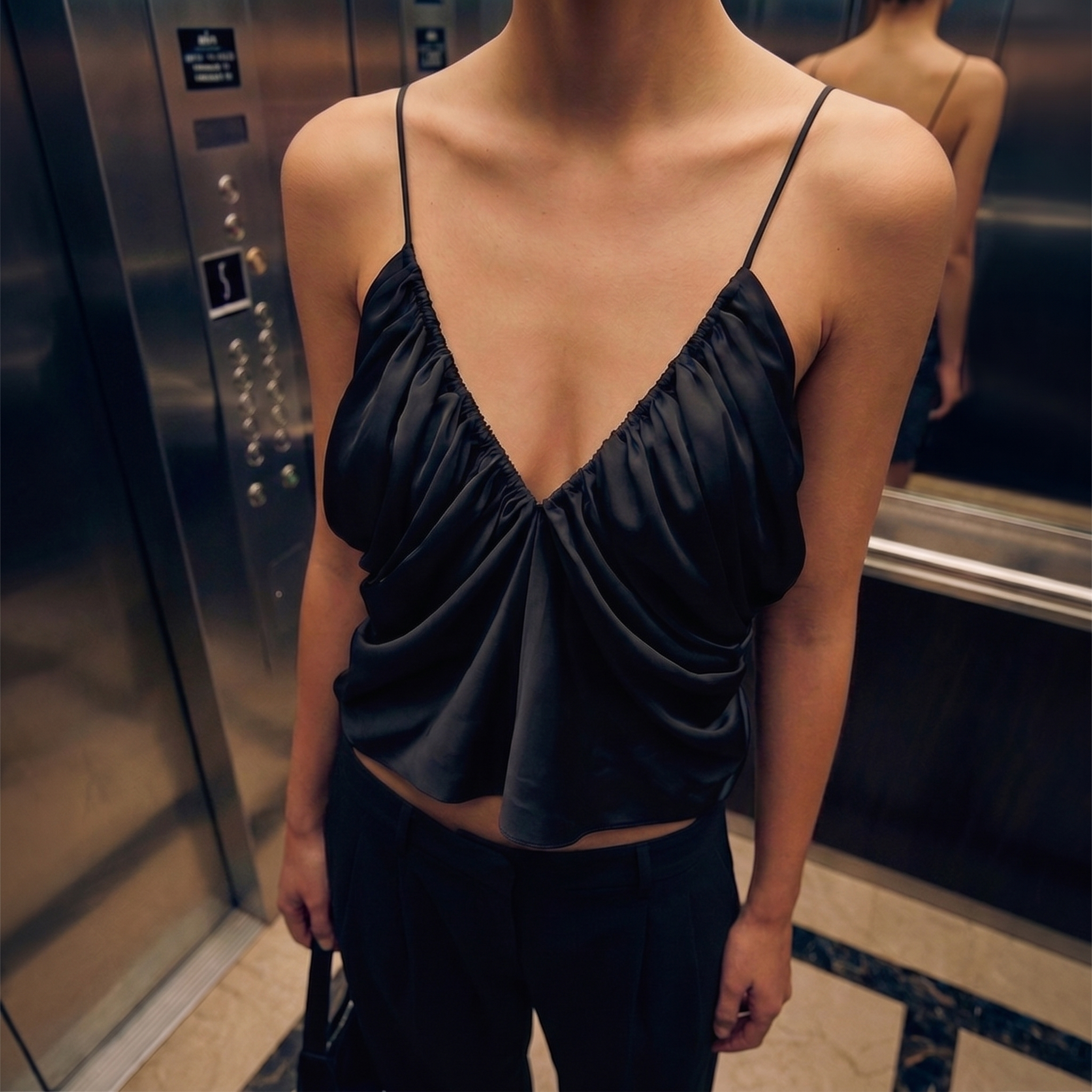 Black Ruched Satin Cami Top